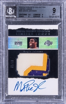 2003-04 UD "Exquisite Collection" Limited Logos #MA Magic Johnson Signed Game Used Patch Card (#21/75) - BGS MINT 9/BGS 10